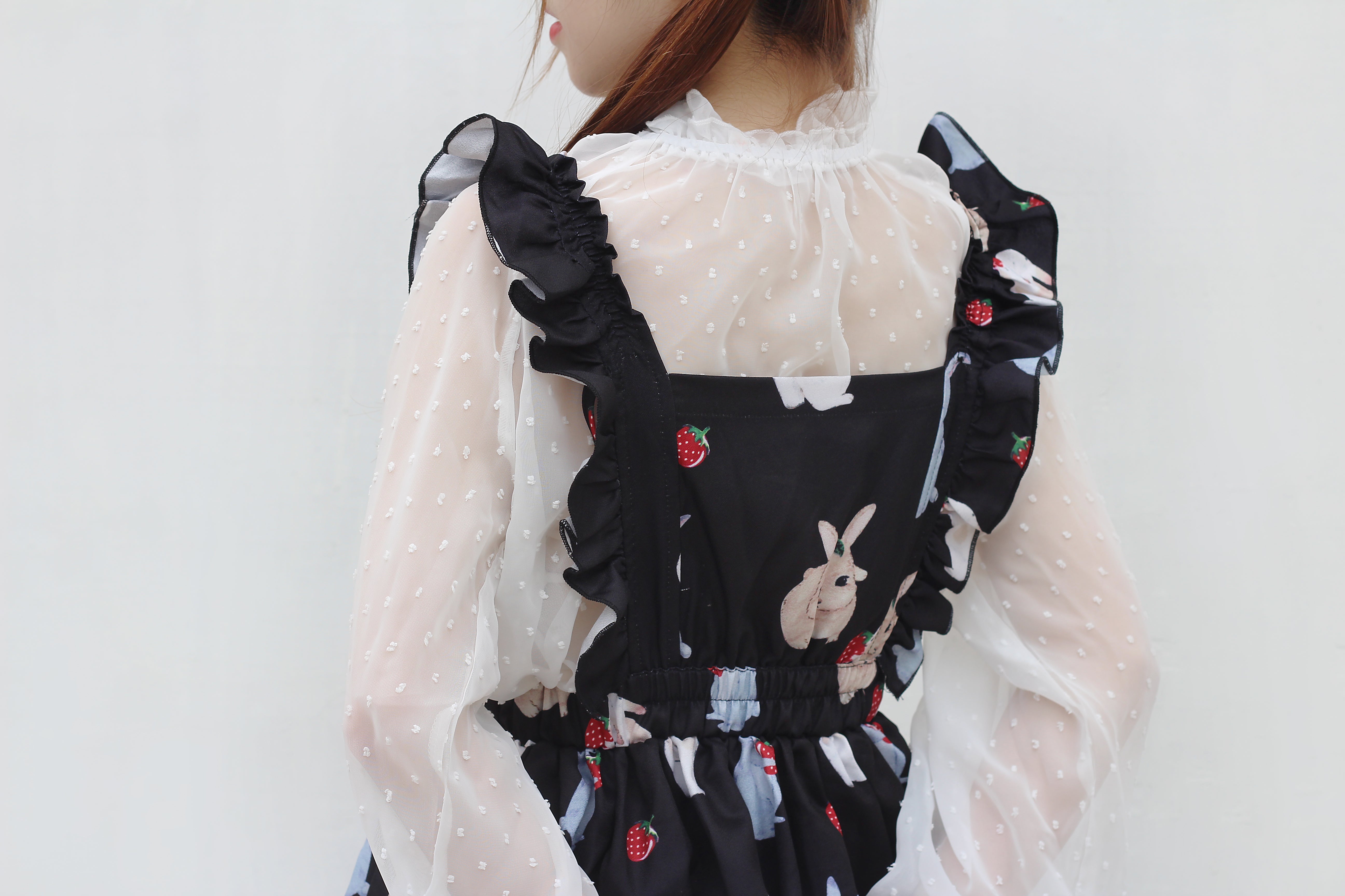 Sweet Lolita Rabbit Print Suspender Dress with Strawberry Pattern Kawaii Style Jumper Skirt
